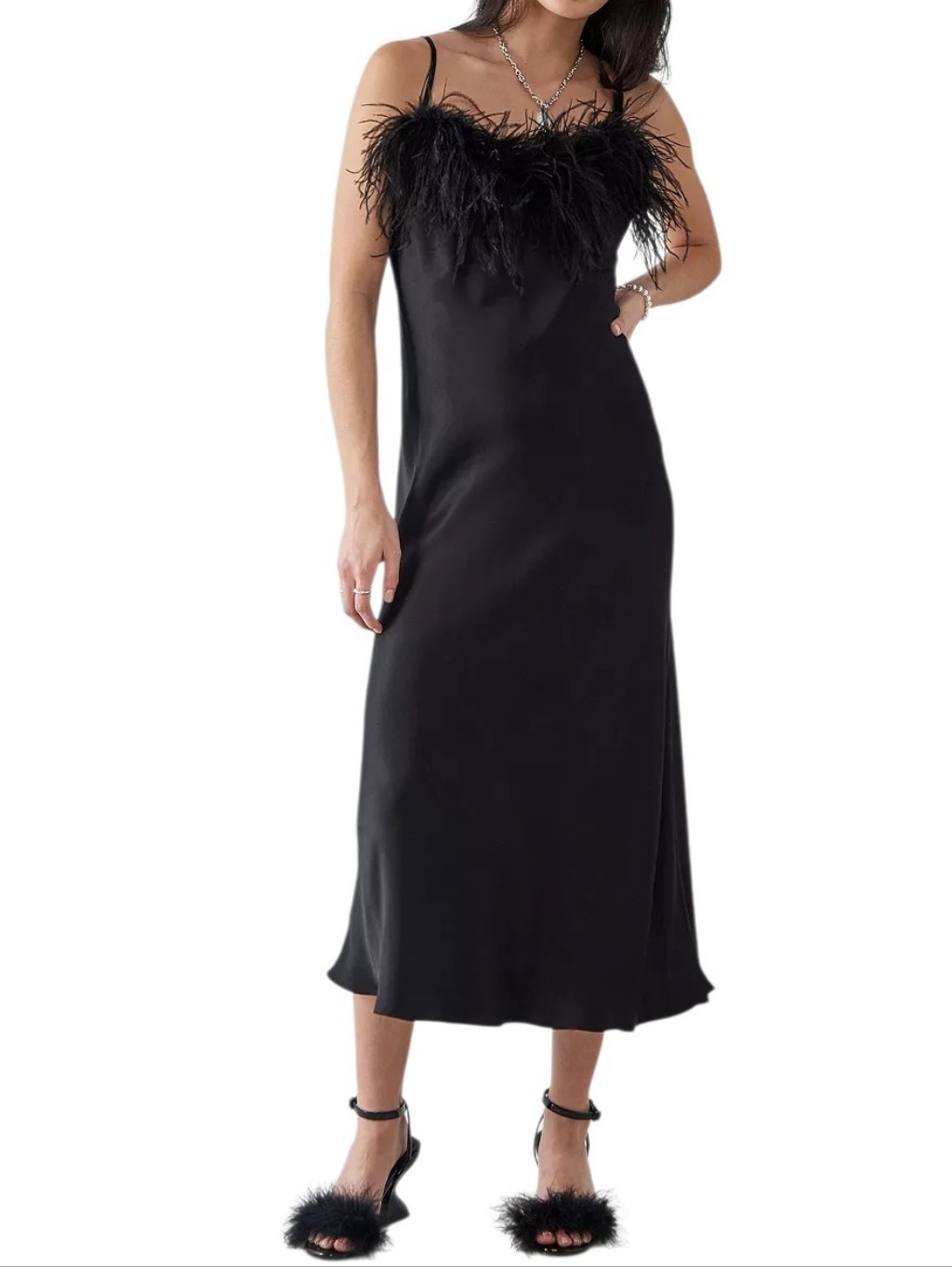 Sleeper Boheme Satin Midi Slip Dress Black Ostrich Feather Trim
